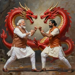 painting of Narendra Modi fighting a red Dragon, realistic, cinematic, - n 4