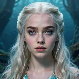Daenerys Targaryen as a mermeid with a piercing gaze wearing a shell bikini in an underwater magical forest, highly detailed face, realistic face, beautiful detailed eyes, fantasy art, in the style of artgerm, illustration, epic, fantasy, intricate, hyper detailed, artstation, concept art, smooth, sharp focus, ray tracing, vibrant, photorealistic