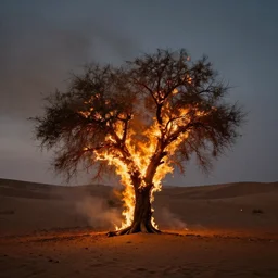 photo of a burning tree in the middle of the desert, cinematic photography, dramatic setting