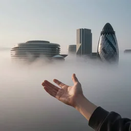 arm reaching out of thick fog, round buildings in background, rounded architecture, sophisticated, zdzislaw beksinski, architecture of frank lloyd wright, zaha hadid, norman foster