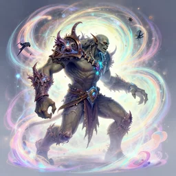side profile, chaotic orc god of destruction, gloomhaven, luminescent, colorful swirly magic ripples, pastel colors, by greg manchess, huang guangjian, gil elvgren, sachin teng, greg rutkowski, jesper ejsing, ilya kuvshinov