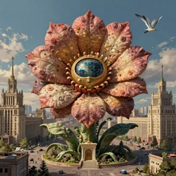 colossal grotesque prehistoric alien flower made from best unfulfilled mankind projects in the middle of abandoned post soviet constructivist cityscape, Stalinist architecture, ultradetailed, Intricate by Hayao Miyazaki and Josan Gonzalez and Makoto Shinkai and Giuseppe Arcimboldo and MC Esher and Wes Anderson