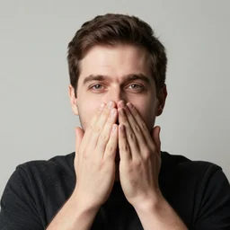 man with his hands over his mouth