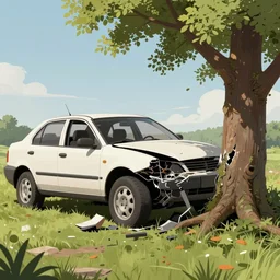 a car destroyed by a tree, artstation, digital art, high quality, realistic
