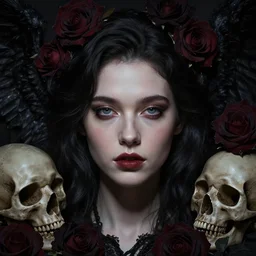 dark angel surrounded by dark roses and skulls, very detailed, realistic face, detailed face, matte, tonemapping, bbwchan, perfection, 4 k, atmospheric, cushart krenz