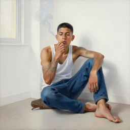 oil painting portrait of a tattoed young and thin latino guy sitting on the floor in a well lit white room wearing a sleeveles shirt and blue jeans, short hair, tattoos, smoking, illustration, detailed, natural light, wide angle lens, art by greg rutkowski