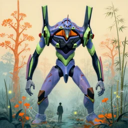 grainy risograph matte painting of gigantic huge evangelion - like mech covered with wounds, blue, exotic orange vegetation, orange trees, orange flowers, tall bamboo grass, pastel matte colors, staying in the foggy huge swamp covered with web and cotton, fireflies, by moebius, kim jung gi, hyperrealism