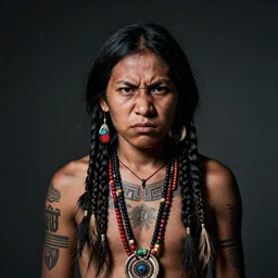 portrait of hopi shaman, 3 0 yo, angry look, tattoos, dark background, studio light, hdr, nikon 2 8 mm f / 1. 8 g, by sebastiao salgado