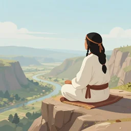 an shaman sitting at the top of a cliff, looking down at the valley, doing a vision quest, beautiful sunset, art by charlie bowater