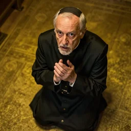 An old catholic priest in black garb kneeled in passionate prayer. His eyes are wide open with fear. Ominous dramatic yellow lighting. Close-up shot from above, 4K photograph, 85mm sigma Art Lens