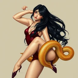 a girl win long black hair dancer heels and burgundy bodysuit entwined with a python snake. highly detailed, digital painting, watercolor, soviet realism, engraving, artstation, concept art, smooth, sharp focus, vivid grunge, manga, illustration, unreal engine 5, 8 k, art by bilibin and kilian eng and kuvshinov and malevich and mucha