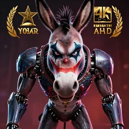 ultra sharp portrait of an evil circus donkey with clown makeup that is aggressively looking into the camera, 2 d digital vector art, highly realistic, highly detailed, medium shot, low angle, dramatic lighting, picture of the year award, deep cyberpunk mechanoid, sharp focus, 4 k, ultra hd,