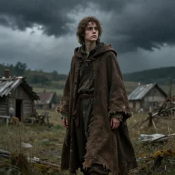 a melancholic wandering, young wizard, dressed in a ragged, dirty brown traveling cloak. The background is a poor village in the thunder storm, high detail, photorealistic, cinematic lighting, fantasy concept art by Anastasia Lerno, trending on ArtStation.