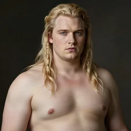 portrait of a young androgynous Henry Cavill with long blond hair and side braids by peter Paul rubens, big beefy chunky strong fat build, very very very very pale white skin platinum blond hair