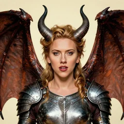 head and shoulders portrait of an armored erinyes devil with huge bat wings, portrayed by scarlett johansson, d & d, fantasy, luis royo, magali villeneuve, donato giancola, wlop, krenz cushart, hans zatka, klimt, alphonse mucha