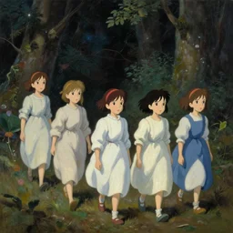 various little russian girls in dress walking in forest at night, very detailed oil painting by studios ghibli, leonardo da vinci, takato yamamoto and makoto shinkai, inspired by balthus and made in abyss, anatomically correct, soft color pallet, sharp focus, extremely coherent, fantasy, realistic, smooth, suspense