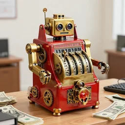 photo of a huge golden and red metal steampunk robot made of an antique cash register with 6 robotarms and gears sitting in an office, on the office table and floor is a mountain of money bills, eyes are glowing red lightbulbs, moneybills all over the place, shiny crisp finish, 3 d render, 8 k, insaneley detailed, fluorescent colors, background is multicolored