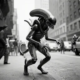 old black and white photo, 1 9 1 3, depicting a xenomorph from the movie aliens rampaging through the bustling streets of new york city, historical record - n 9