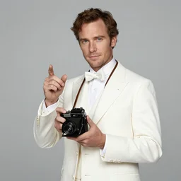 Timothy Spall as Simon Graham (The Last Samurai) dressing in a whote seersucker suit holding an old-fashioned camera from the 1800's, studio photograph