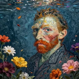 colorful flowers float underwater, art by caravaggio
