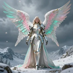 cyber full armor angel, big wings, hudson river school, max rive, full plate armor with cloth, f 1 6, bokeh, gentle, female, snowy mountain, storm clouds, god rays, landscape, d & d, fantasy, elegant, teal pink white gold color palette, concept art, roger deakins and greg rutkowski and alphonse mucha
