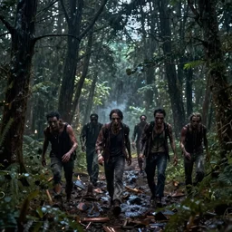 zombies in a dense forest, artstation, jakub rozalski, high detail, dramatic lighting, night, rain