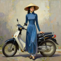 a painting of a tall thin beautiful vietnamese girl in an ao dai dress and a conical hat standing in front of a motorcycle in the style of Frank frazetta
