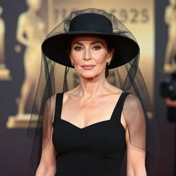 4 k, high quality, highly detailed, award winning photograph of a middle - aged women in a black sundress, black veil, black sun hat staring at the camera