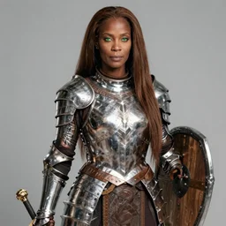 arabella mistsplitter, solo female darkskinned angelic soldier in her fifties, long smooth brown hair, clear green eyes, african, ethiopian, short height, regular build, magnificent oval face, polished steel armor, shortsword, wooden shield a female dnd fighter's portrait, masterpiece, clear hand, realistic, by brian patterson and rhads