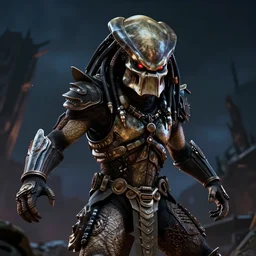 An epic image of The Predator with red eyes from Prey Movie in fight position at dark night by Greg Rutkowski, Zdzisław Beksiński, Digital Art, Unreal Engine 5, artstation