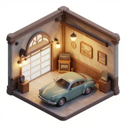 detailed details isometric building interior, classic car garage, fantasy