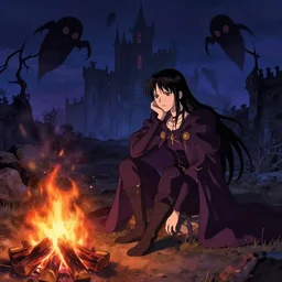[ siegmeyer of caterina ] sitting by bonfire, ghouls float above in the night sky, long view, anime style character concept, artistic pose, poised and stoic, ( gothic castle in backdrop )