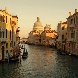 Cyberpunk Venice canals in the style of Greg rutkowski. Golden hour