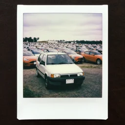a fiat uno in front of thousands of tesla vintage scratched white borders polaroid photo