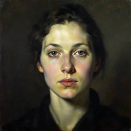 woman face staring, portrait, flash, 80mm F2.8, single light source, painting by Zdzislaw Beksinski