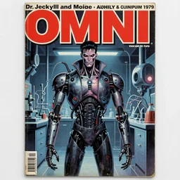 1979 OMNI Magazine Cover depicting Dr Jeckyll and an evil robotic Mr Hyde standing in a laboratory. Cyberpunk Akira style by Vincent Di Fate
