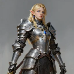 highly detailed full body portrait painting of a proud young female elven knight in the style of Warhammer Fantasy by Artgerm and Arian Mark, medium length blonde hair, blue eyes, sapphire earrings, no helmet, low angle shot, highly detailed, trending on artstation, cgsociety, 4k, 8k, HDR, octane render, unreal engine