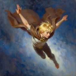 blonde boy wearing a brown cape and flying in t pose, powerful, space background, oil painting, brush strokes, greg rutkowski