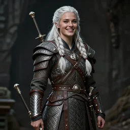 character, young viking warrior woman full body with white hair, happy, insanely detailed and intricate, hypermaximalist, hyper realistic, beautiful