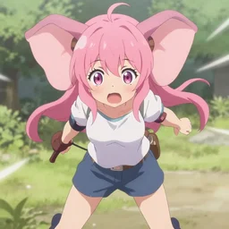 ”anime girl, pink hair with two huge elephant ears, action shot, by Kurahana Chinatsu”