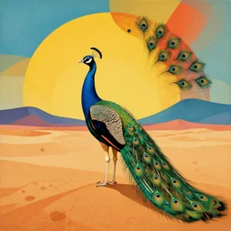 peacock in the desert, 7 0 s art deco, groovy, warm colors, funky, abstract, heinz edelmann, album cover