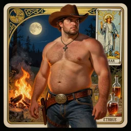 a dramatic, epic, ethereal painting of a handsome thicc shirtless cowboy beer belly wearing a leather belt | background is a late night campfire with food and jugs of  whisky | tarot!! card, art deco, art nouveau | by Mark Maggiori | trending on artstation