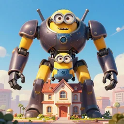 Minion as a Colossal Mech Robot destroying Gru's house, very coherent symmetrical artwork, cinematic, high detail, octane render, unreal engine, 8k, Vibrant colors, Smooth gradients, High contrast
