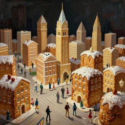 The installation art depicts a city made entirely out of kulich, a traditional Russian Easter bread. The city is bustling with activity, as people go about their day-to-day lives. The illustration is playful and whimsical, with a touch of magic. Pizza Hut by Vittorio Matteo Corcos, by Gordon Parks shadowy, ecstatic