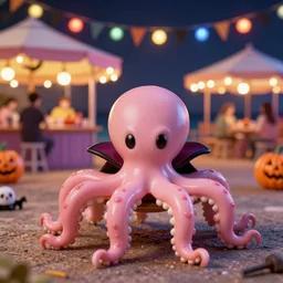 four legged vampire octopus doll, wearing a vampire cape, while trick or treating on halloween night, by sanrio, kawaii, real, photography, halloween decorations, seaside cafe, boardwalk, people, pink, yellow, black, ground level shot, macro camera, focused, night, colorful led lights, chromatic aberration, vampire, octopus, four legs
