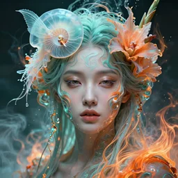 3 d close up swirly female portrait!! of the face!! of a beautiful goddess!! with translucent nautilus jellyfish phoenix bird and giant orchid flower and giant gladiola surrounded by smoke and water fire energy flow, highly detailed. octane render, excellent composition, by wlop, tooth wu, greg rutkowski, beeple. teal and orange