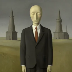 blade runner dystopia by rene magritte, in the style of magritte