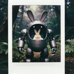 dark night oversized battle rabbit robot chubby fatmech bucket vehicle with big ears with rabbit sitting inside, in jungle forest, full body, nighttime, cinematic focus, polaroid photo, vintage, neutral dull colors, soft lights, foggy, overcast by oleg oprisco, by thomas peschak, by discovery channel, by victor enrich, by gregory crewdson