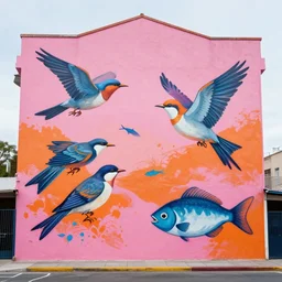 a huge mural in pink and orange, showing birds and fish, urban Street art - n 3