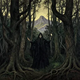 dense forest, artstation, by aubrey beardsley, by caspar david friedrich, by laurie lipton, by kay nielsen, by ivan shishkin, calligraphy, divine, paradox, gnarly trees, terrifying, witchcraft!, hope, mountains in background
